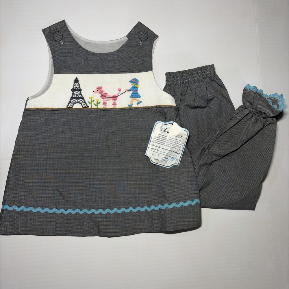 Remember Nguyen Girls Size 4 NWT 2 Piece Paris Eiffel Tower Poodle Smocked Outfi